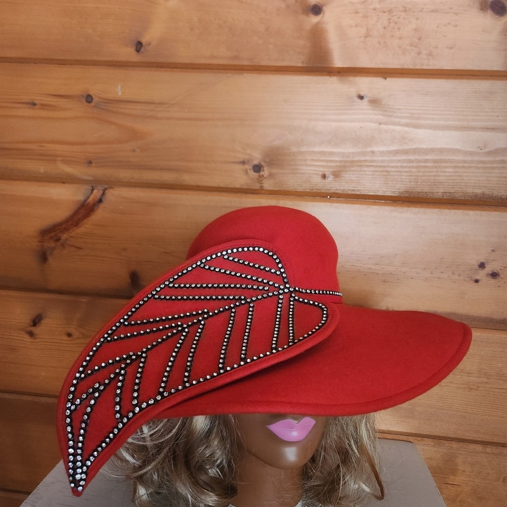 Vintage Jack McConnell Boutique Designer Red Felt Wool Rhinestone Leaf Hat RARE
